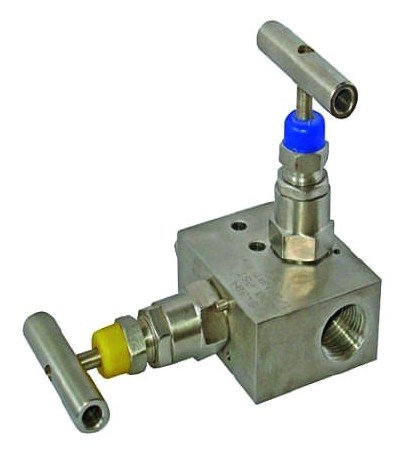 Two-valve manifold with blue and yellow tee-bar handles