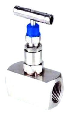 Stainless steel needle valve with a blue tee-bar handle